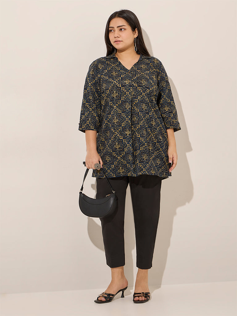 Westside Diza Women's Blue Floral Printed Cotton Tunic for Work Wear Full View