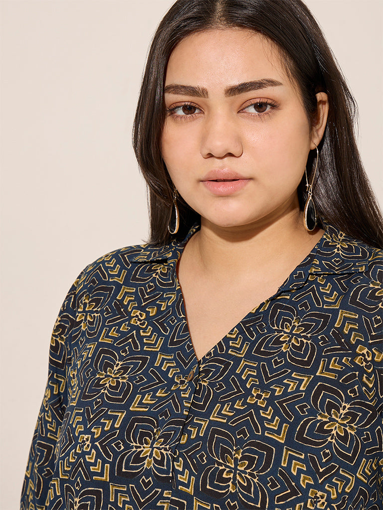 Westside Diza Women's Blue Floral Printed Cotton Tunic for Work Wear Zoomed View