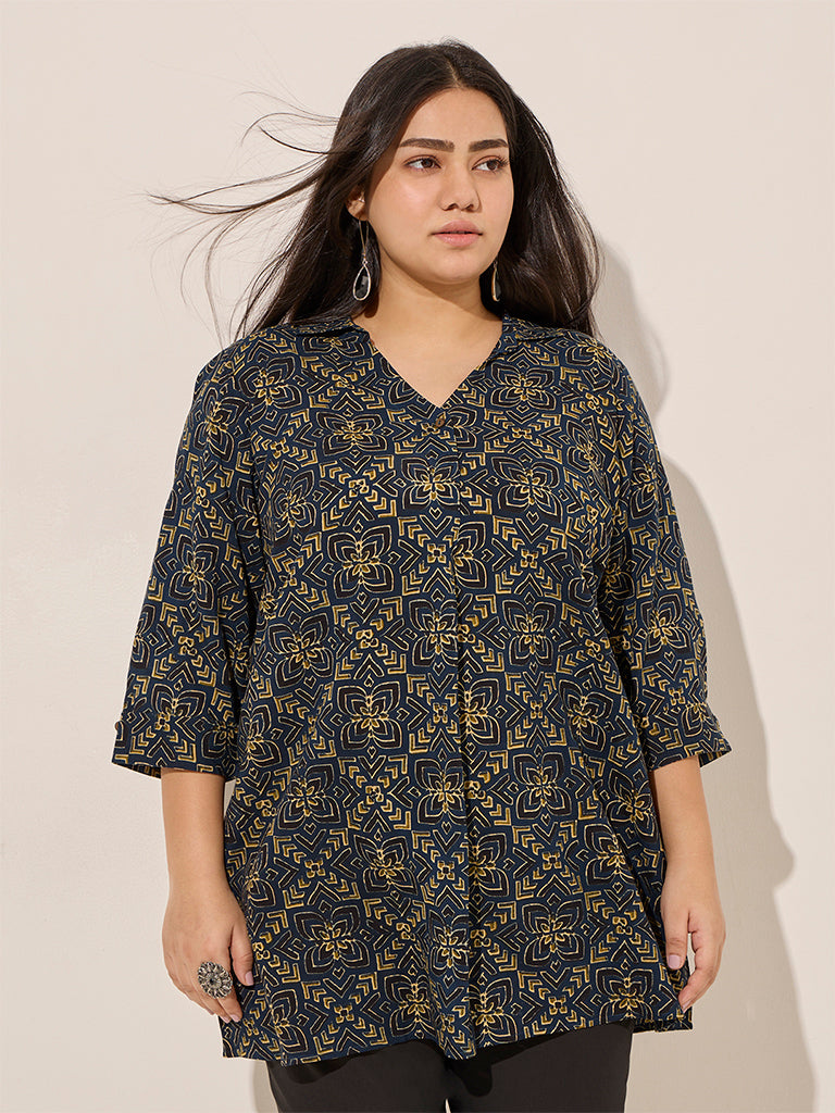 Westside Diza Women's Blue Floral Printed Cotton Tunic for Work Wear Front View
