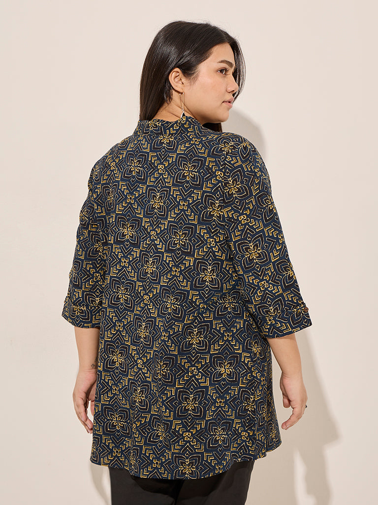 Westside Diza Women's Blue Floral Printed Cotton Tunic for Work Wear Back View