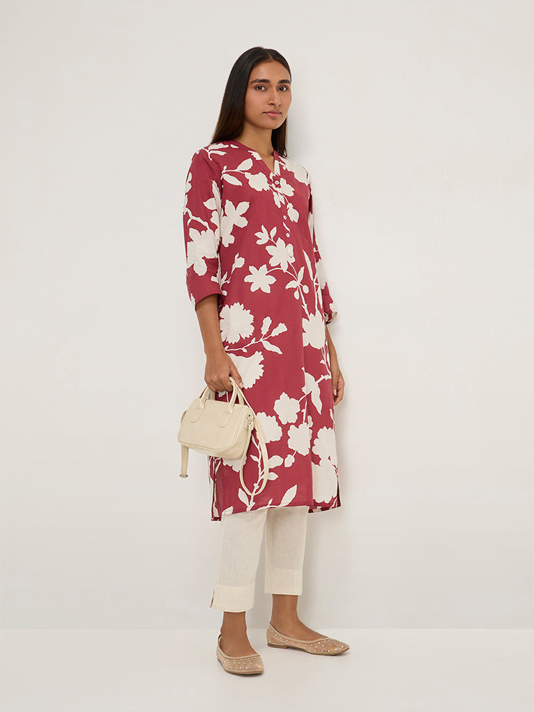 Utsa Maroon Floral Print Straight Cotton Kurta