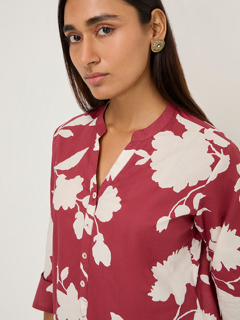 Utsa Maroon Floral Print Straight Cotton Kurta