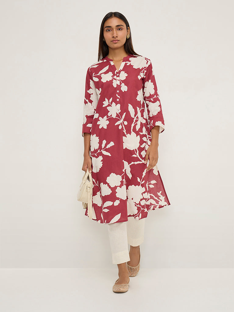 Utsa Maroon Floral Print Straight Cotton Kurta