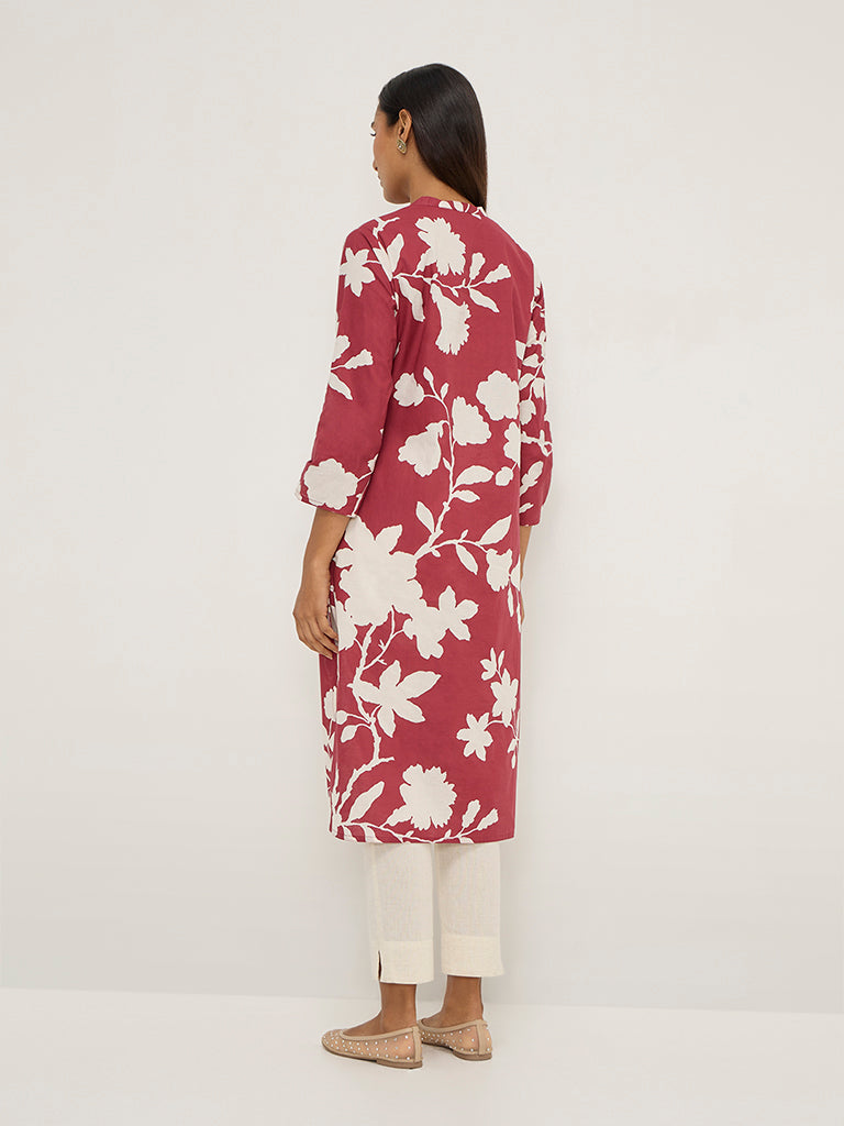 Utsa Maroon Floral Print Straight Cotton Kurta