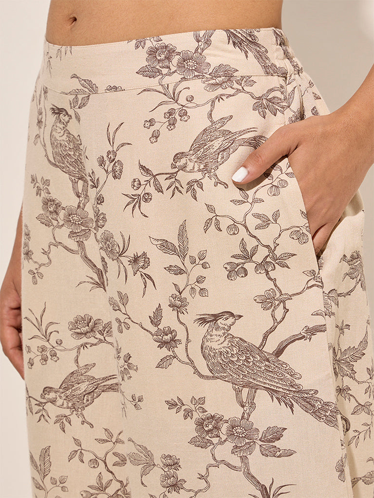 Westside Zuba Women's Beige Nature-Themed Cotton Palazzos for Work Wear Work Wear Zoomed View