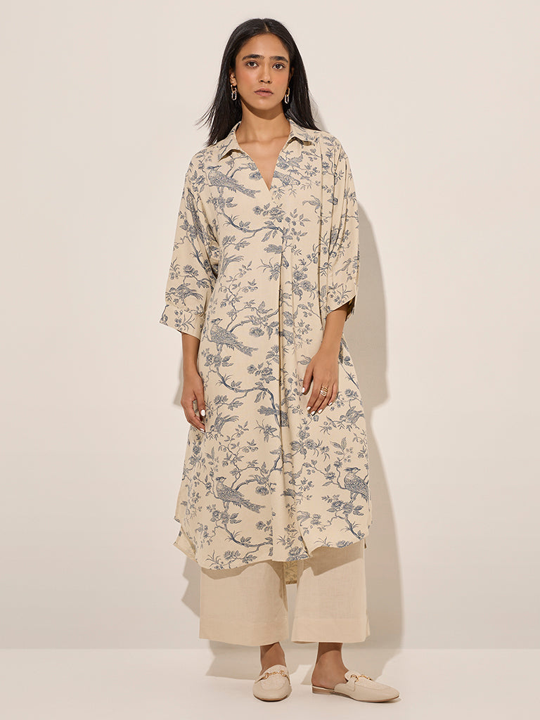 Buy Zuba Beige Botanical Nature Themed Cotton A-Line Kurta from