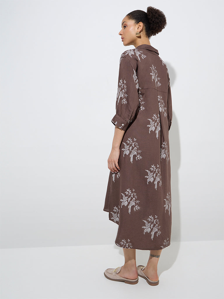 Westside Zuba Women's Brown Bird Print High-Low Linen-Blend A-Line Dress for Work Wear Back View