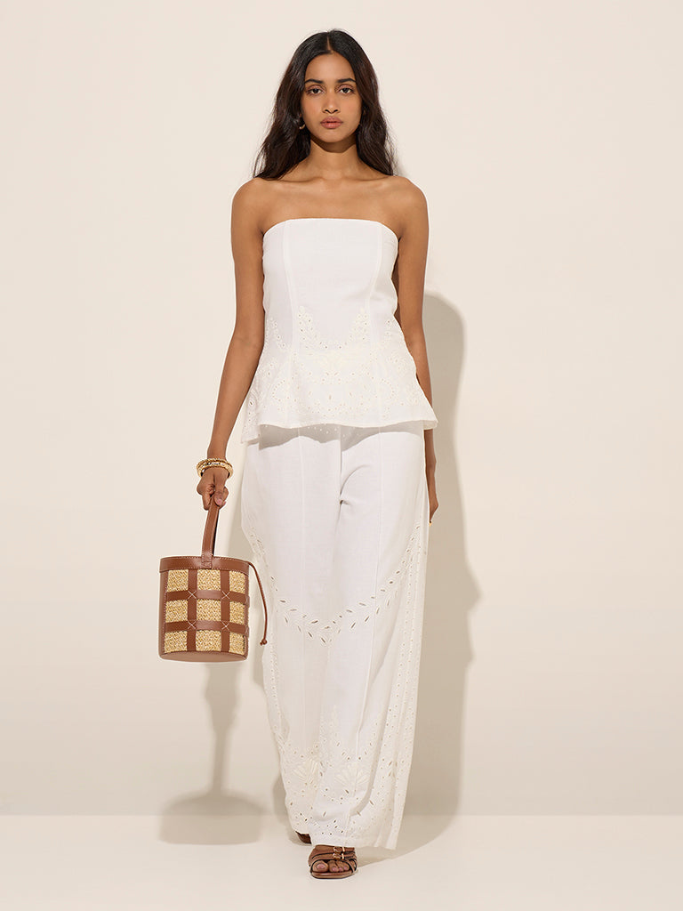 LOV White Schiffli-Detailed Cotton Peplum Top