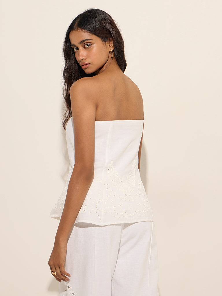 LOV White Schiffli-Detailed Cotton Peplum Top