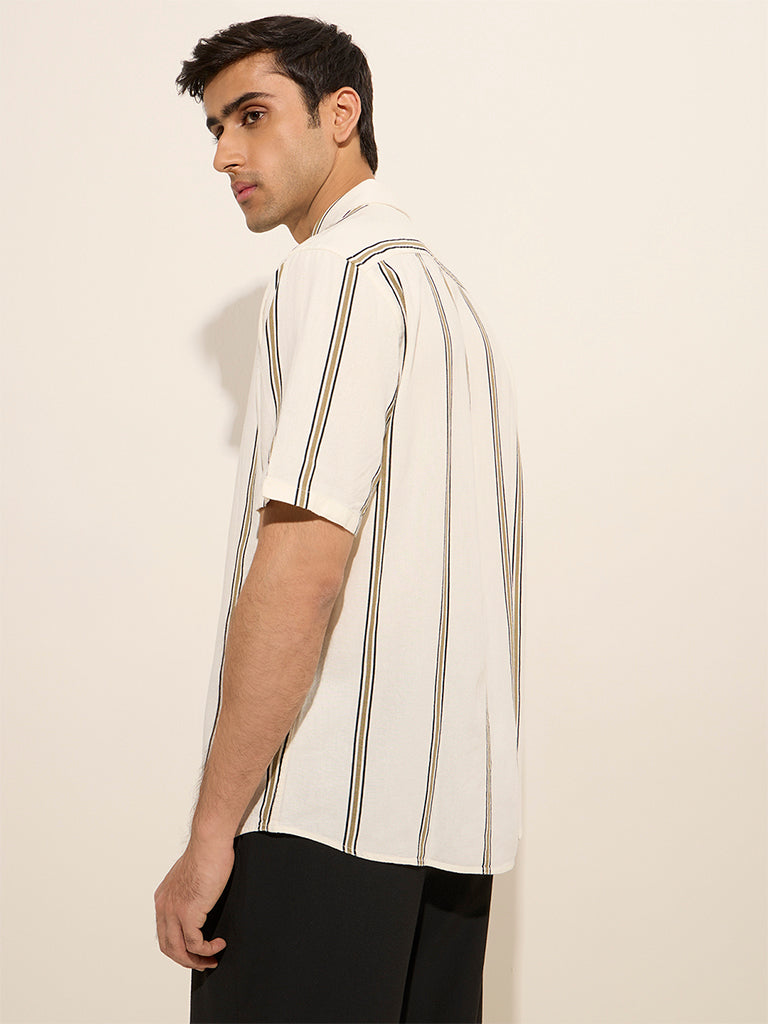Westside Ascot Men's Off-White Striped Relaxed-Fit Shirt for Casual Wear Back View