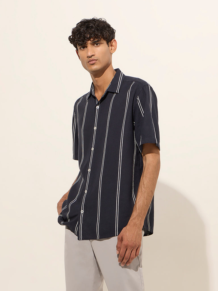 Westside Ascot Men's Navy Blue Striped Relaxed-Fit Shirt for Casual Wear Front View