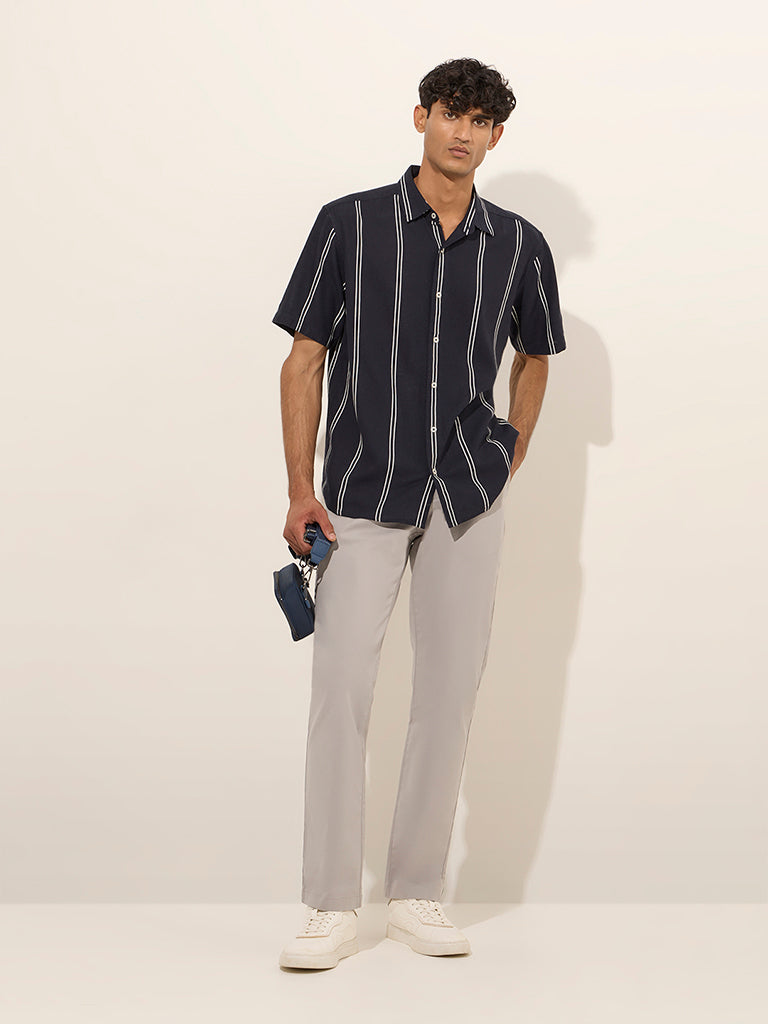 Westside Ascot Men's Navy Blue Striped Relaxed-Fit Shirt for Casual Wear Full View