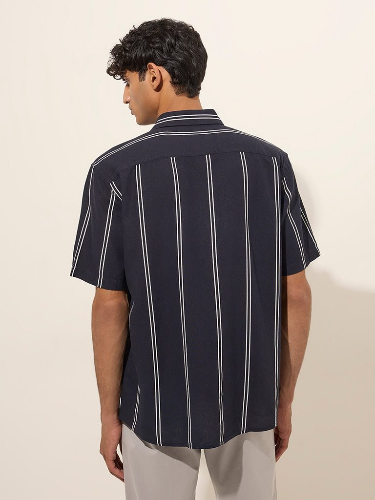 Westside Ascot Men's Navy Blue Striped Relaxed-Fit Shirt for Casual Wear Back View