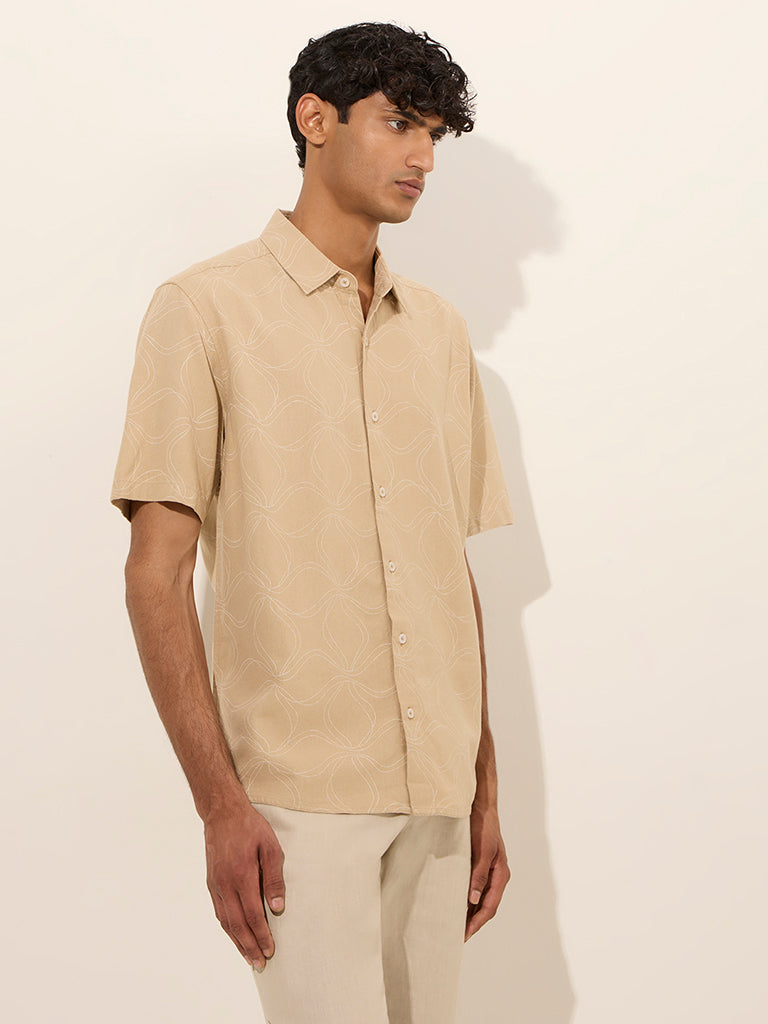 Westside Ascot Men's Beige Printed Relaxed-Fit Shirt for Casual Wear Front View