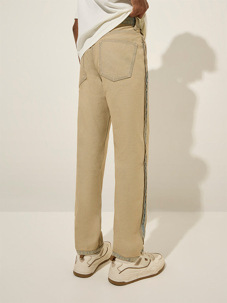 Westside Nuon Men's Beige Relaxed-Fit Mid-Rise Denim Jeans for Casual Wear Back View