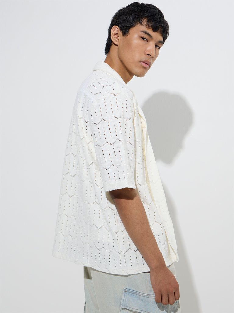 Westside Nuon Men's White Crochet-Detailed Relaxed-Fit Cotton Shirt for Casual Wear Back View