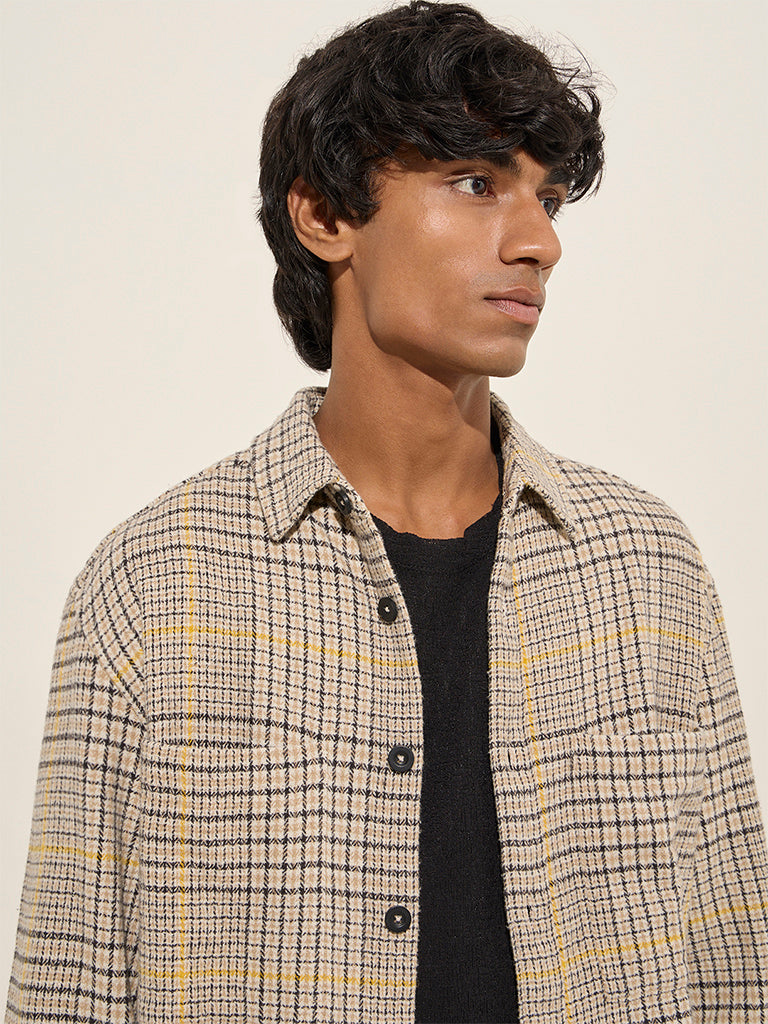 Nuon Beige Checkered Relaxed-Fit Cotton Shacket