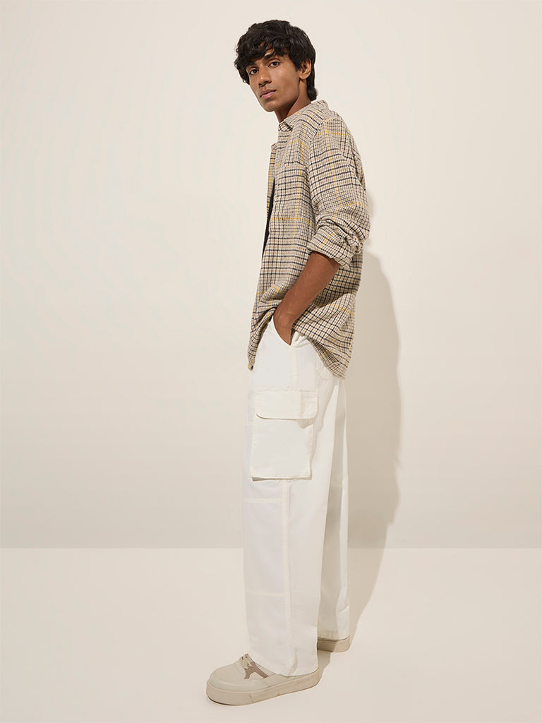 Nuon Beige Checkered Relaxed-Fit Cotton Shacket