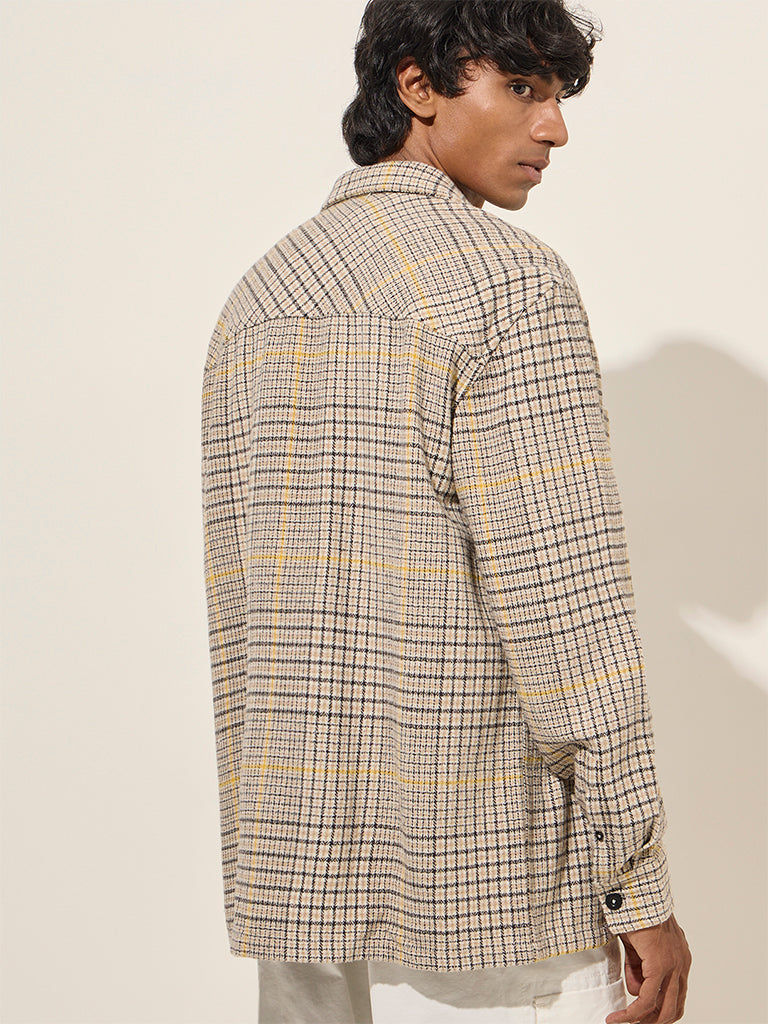 Westside Nuon Men's Beige Checkered Relaxed-Fit Cotton Shacket for Casual Wear Casual Wear Back View