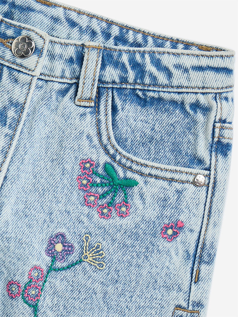 Westside HOP Kids Light Blue Floral Design High-Rise Denim Shorts for Casual Wear Zoomed View
