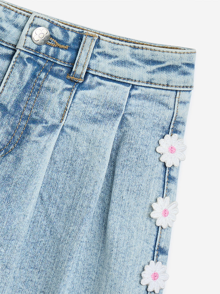 Westside HOP Kids Light Blue Floral Embroidered High-Rise Denim Skort for Casual Wear Zoomed View