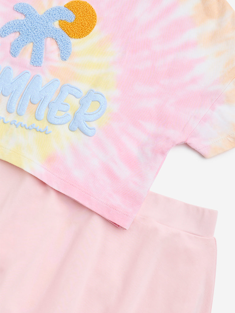 Westside HOP Kids Pink Tie-Dye Design Cotton T-Shirt with Skirt Set for Casual Wear Zoomed View