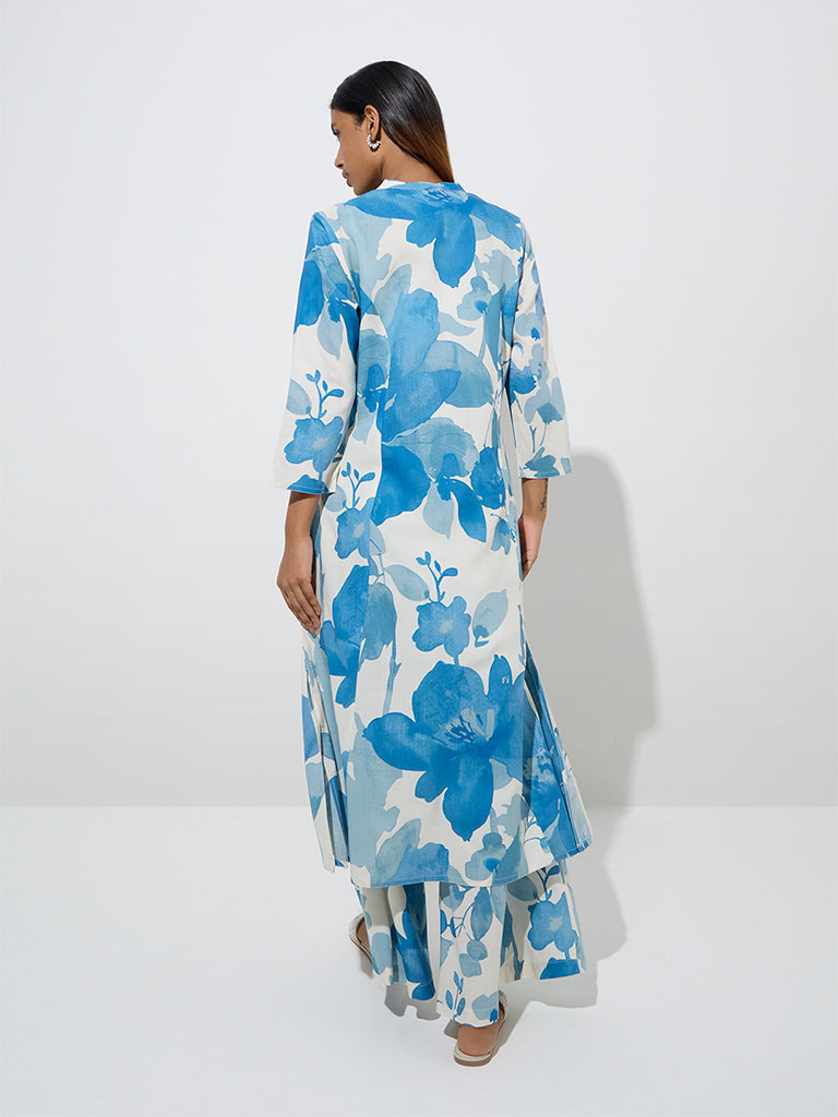 Westside Utsa Women's Blue Floral Printed A-Line Kurta for Work Wear Back View