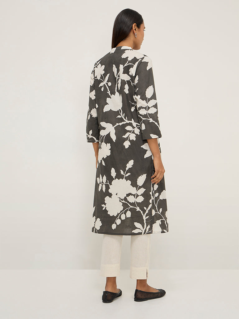 Westside Utsa Women's Charcoal Floral Printed Cotton Straight Kurta for Everyday Everyday Back View