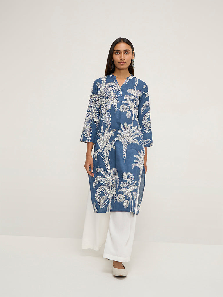 Utsa Dusty Blue Botanical Design Straight Cotton Kurta