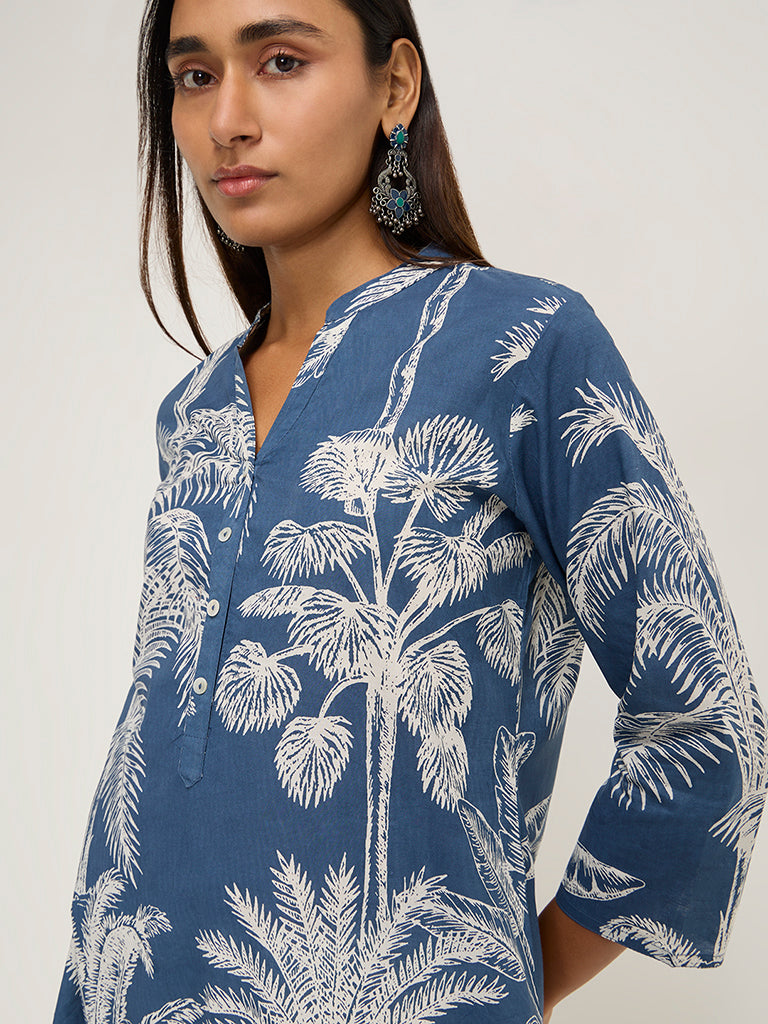 Utsa Dusty Blue Botanical Design Straight Cotton Kurta