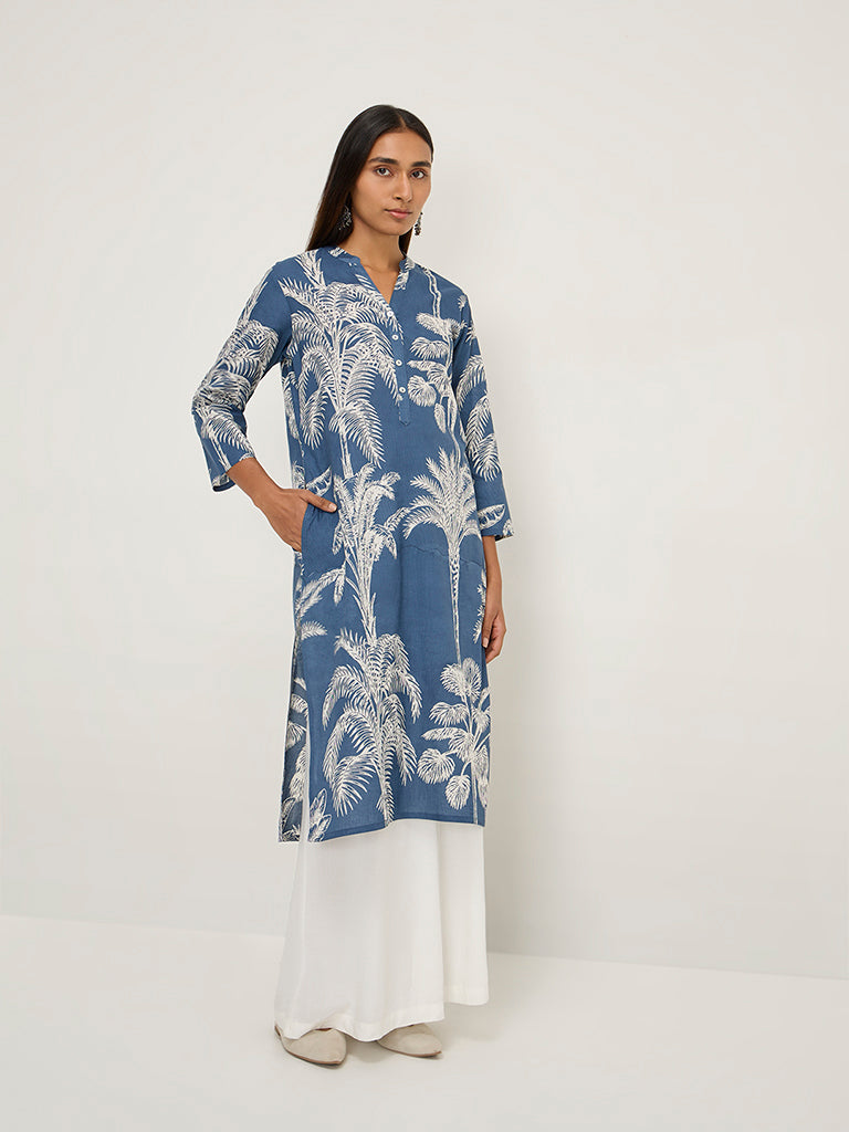 Utsa Dusty Blue Botanical Design Straight Cotton Kurta