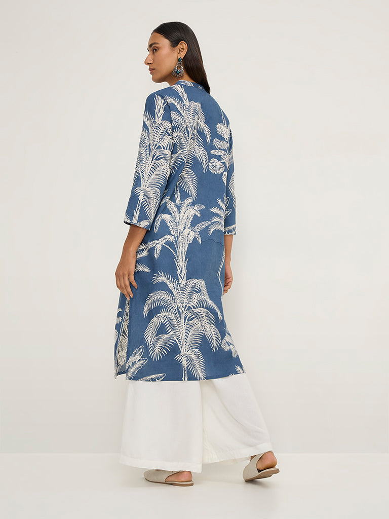 Utsa Dusty Blue Botanical Design Straight Cotton Kurta