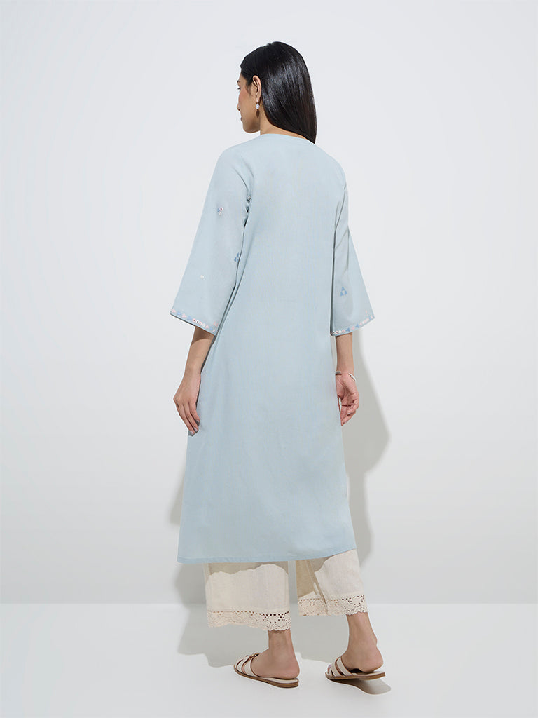 Westside Utsa Women's Light Blue Embroidered A-Line Cotton-Blend Kurta for Work Wear Back View