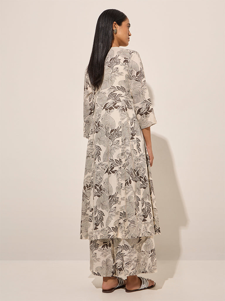 Westside Zuba Women's Black Foliage Design A-Line Kurta for Work Wear Back View