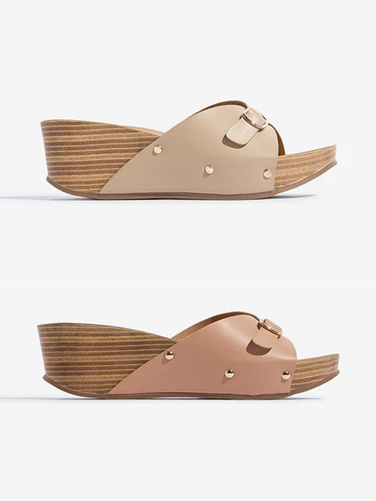 Westside LUNA BLU Women's Peach Buckle-Detailed Wedge Heel Sandals for Casual Wear Zoomed View