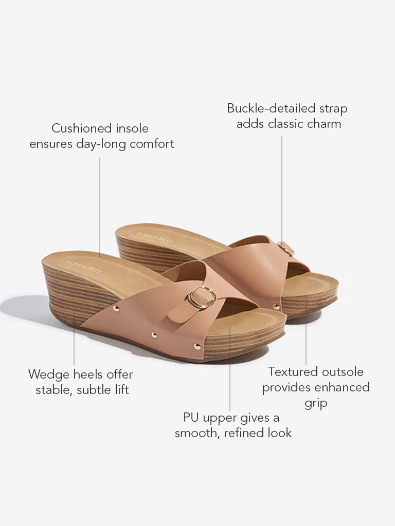 Westside LUNA BLU Women's Peach Buckle-Detailed Wedge Heel Sandals for Casual Wear Front View