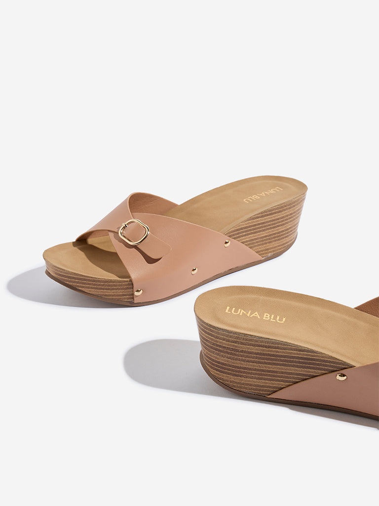 Westside LUNA BLU Women's Peach Buckle-Detailed Wedge Heel Sandals for Casual Wear Zoomed View