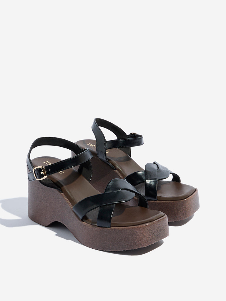 Westside LUNA BLU Women's Black Multi-Strap Wedge Heel Sandals for Casual Wear Front View