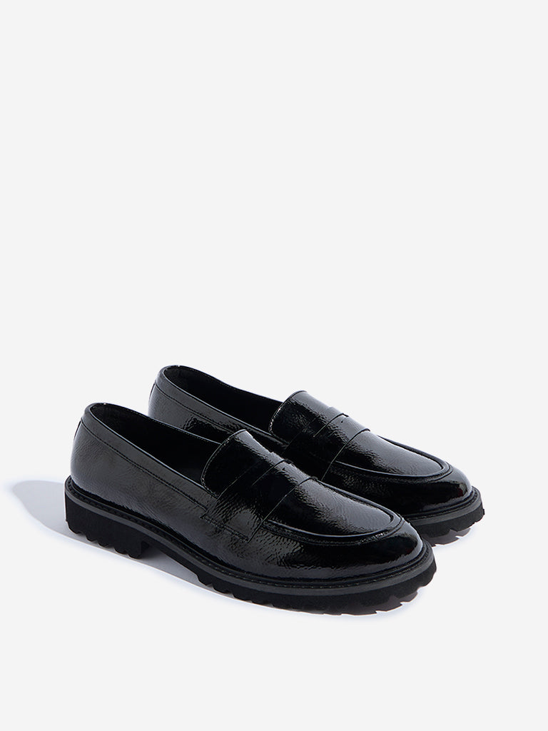 Westside LUNA BLU Women's Black Glossy Loafers for Work Wear Front View