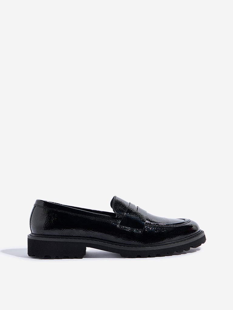Westside LUNA BLU Women's Black Glossy Loafers for Work Wear Side View