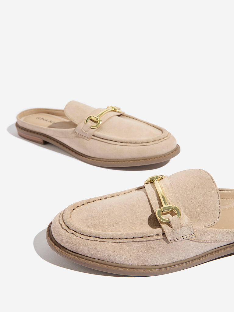 Westside LUNA BLU Women's Beige Chain-Detailed Faux-Suede Mule Shoes for Casual Wear Zoomed View