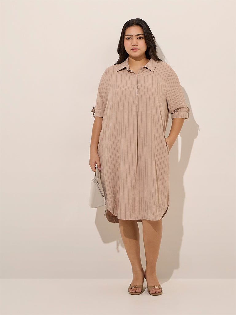 Westside Gia Women's Beige Pinstripe Detailed Cotton-Blend Shirt Dress for Casual Wear Front View