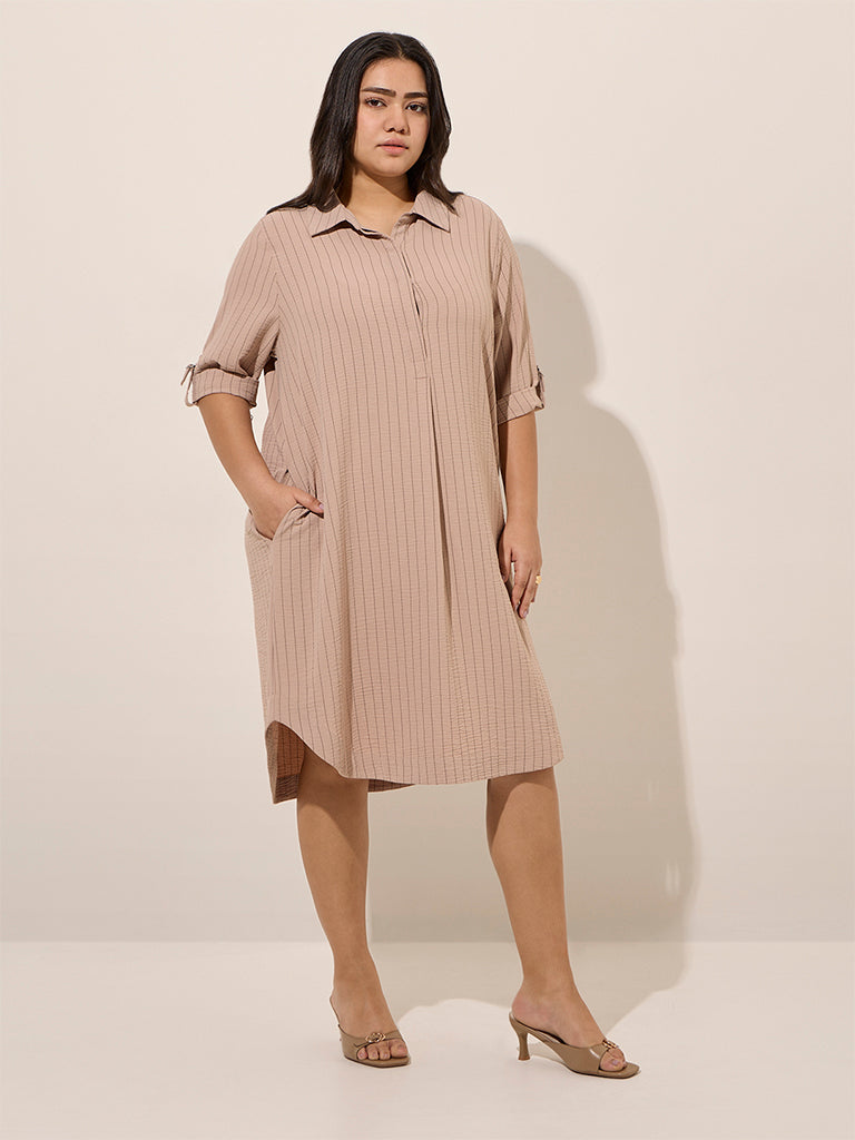 Westside Gia Women's Beige Pinstripe Detailed Cotton-Blend Shirt Dress for Casual Wear Full View