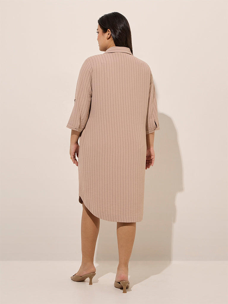 Westside Gia Women's Beige Pinstripe Detailed Cotton-Blend Shirt Dress for Casual Wear Back View
