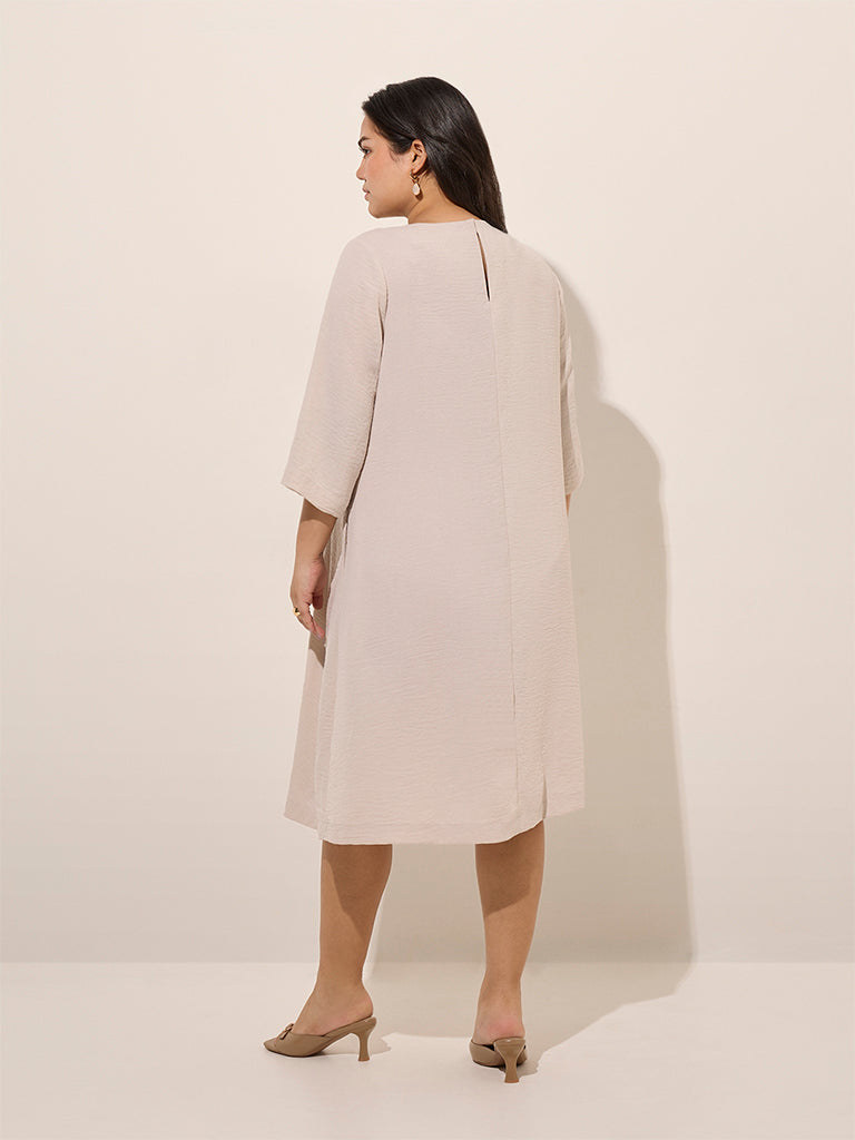 Westside Gia Women's Beige Crinkle-Textured A-Line Dress for Casual Wear Back View