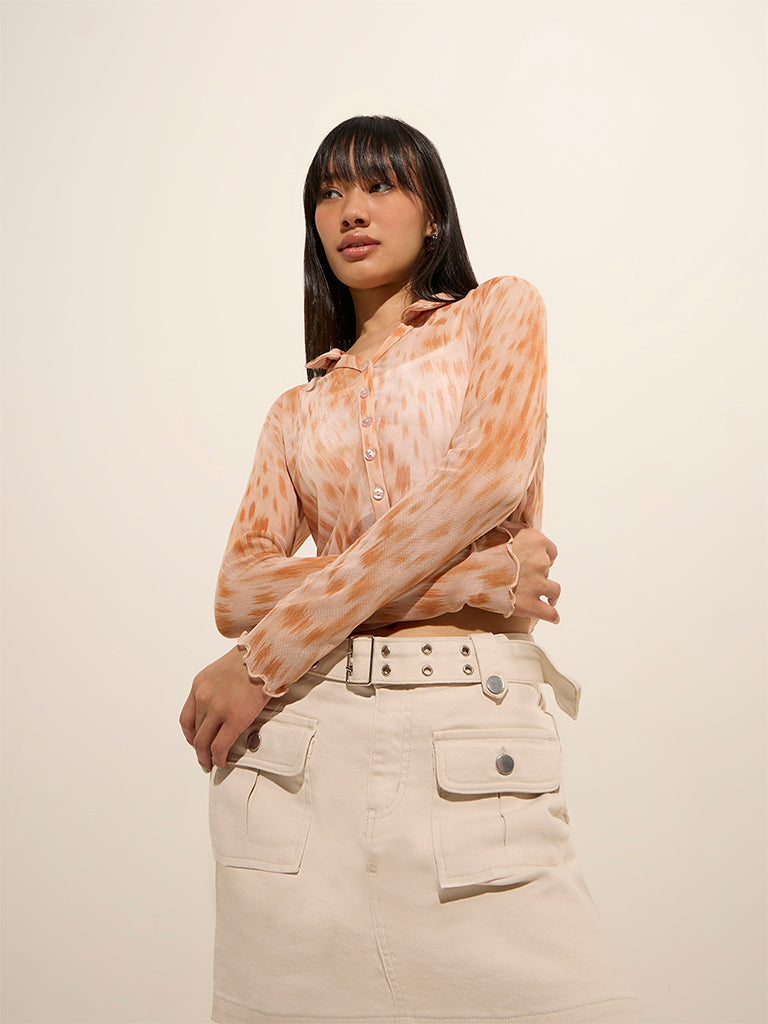 Westside Nuon Women's Orange Abstract Printed Mesh Crop Shirt with Inner for Casual Wear Front View