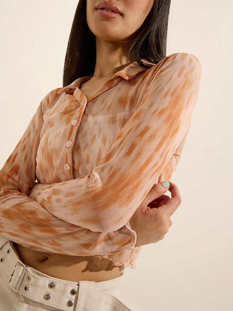 Westside Nuon Women's Orange Abstract Printed Mesh Crop Shirt with Inner for Casual Wear Zoomed View