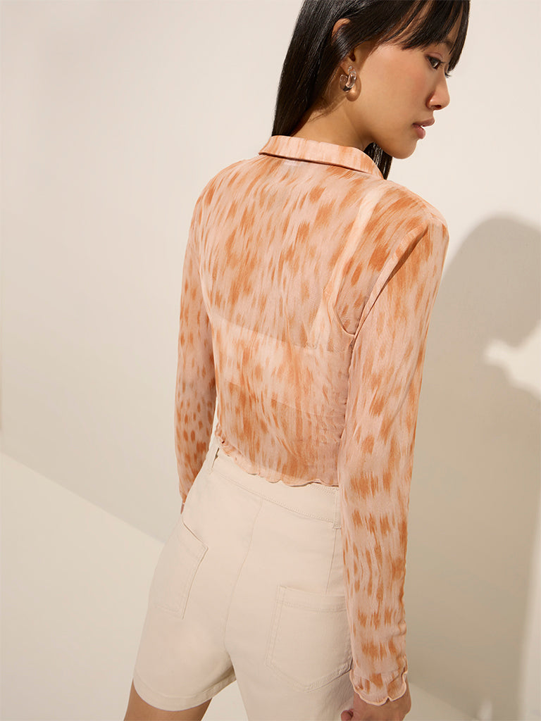 Westside Nuon Women's Orange Abstract Printed Mesh Crop Shirt with Inner for Casual Wear Back View