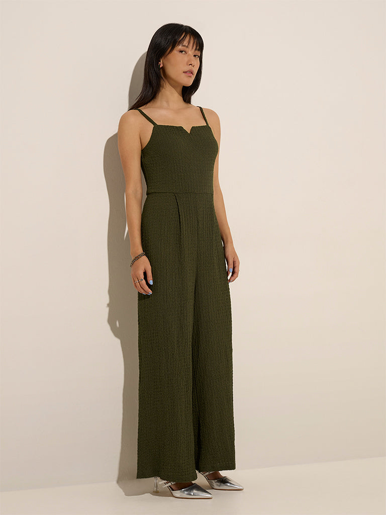 Westside Nuon Women's Olive Textured Jumpsuit for Casual Wear Casual Wear Full View
