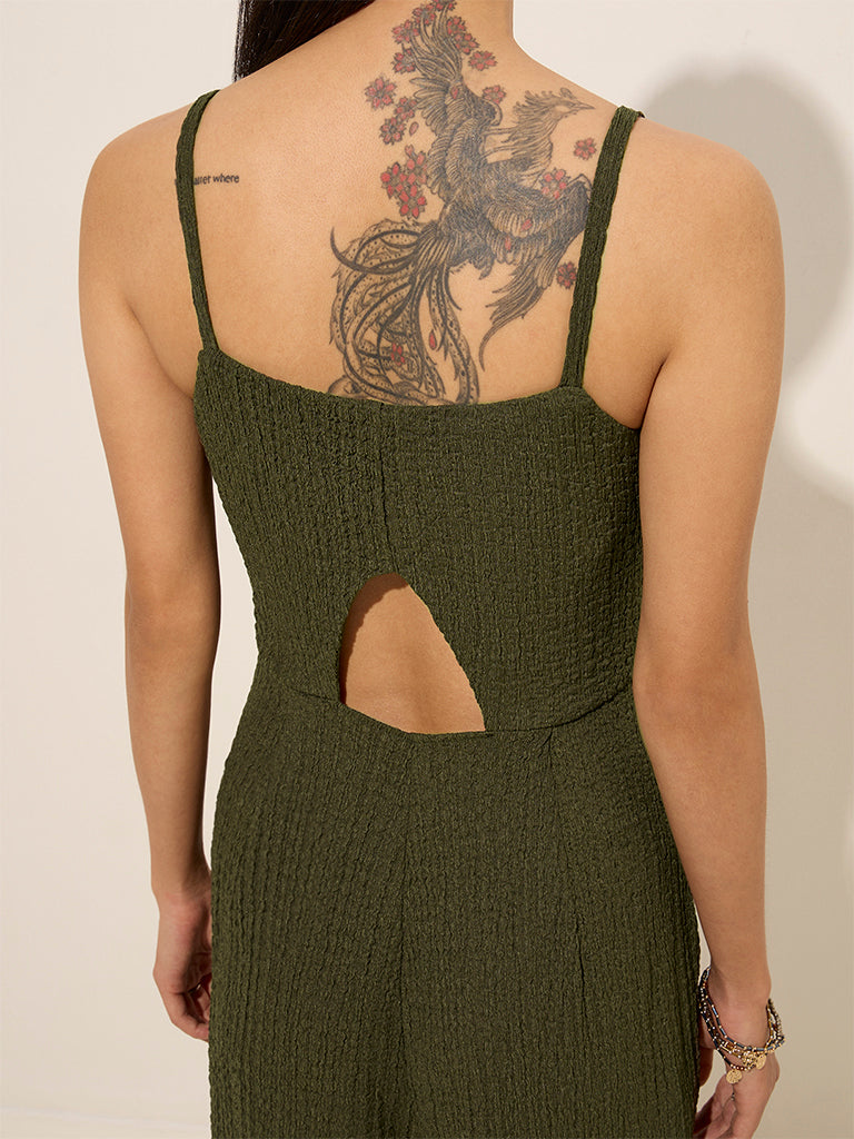 Westside Nuon Women's Olive Textured Jumpsuit for Casual Wear Casual Wear Back View